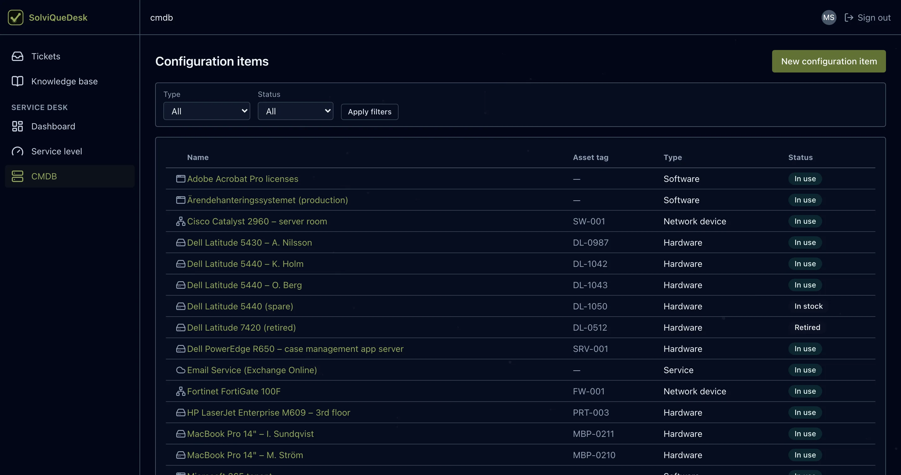 Configuration item list with asset tags, types and status.