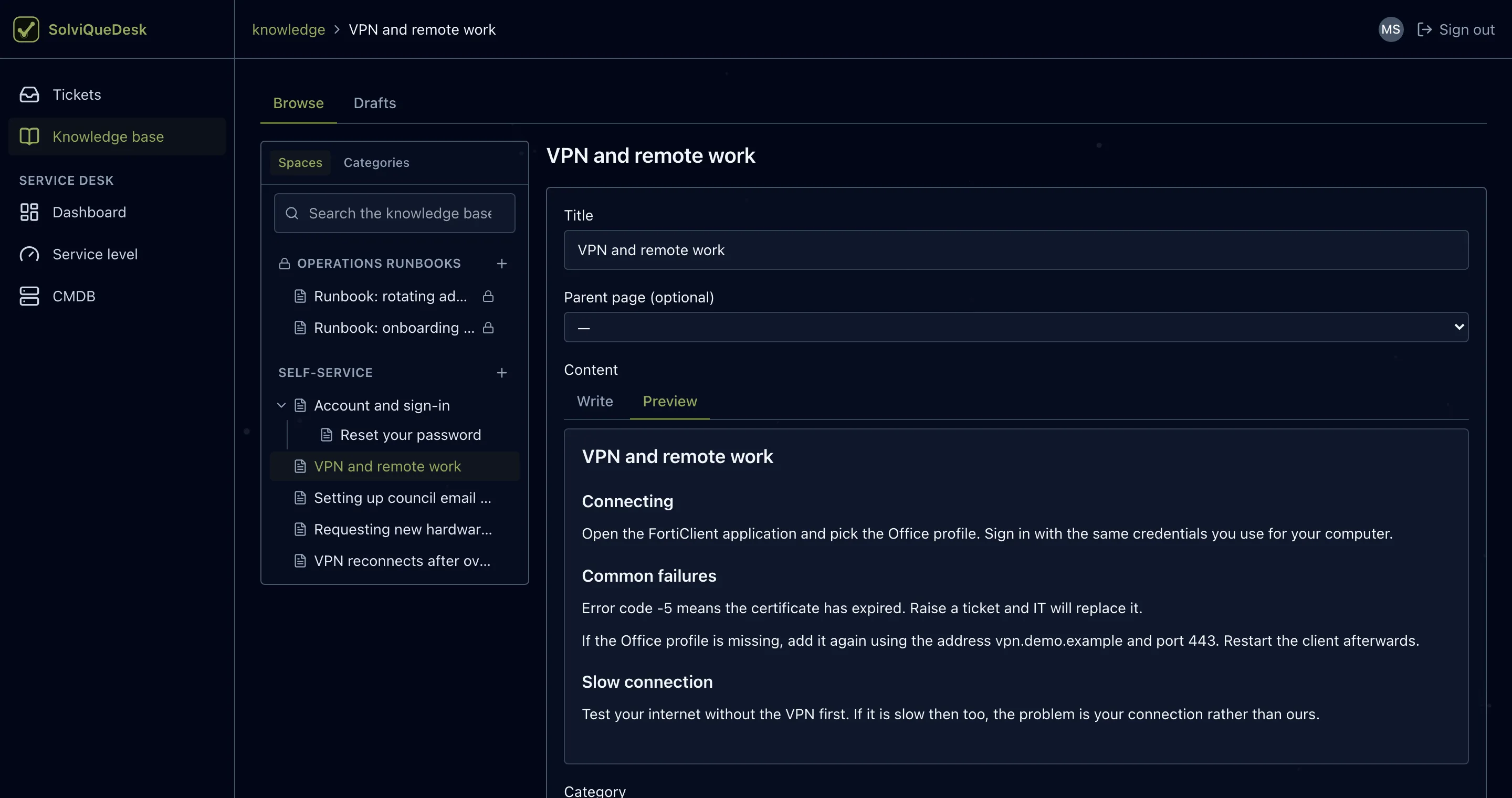 A knowledge base article with the space and page tree beside it.