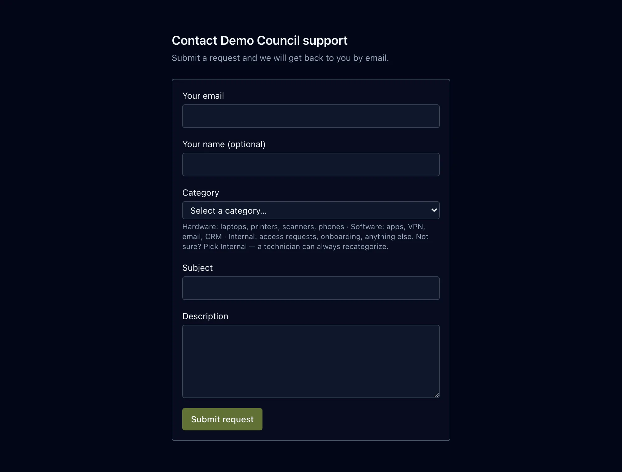 The end-user portal form for submitting a support request.